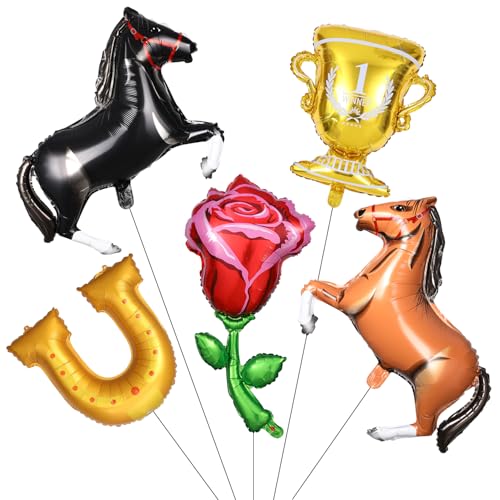 Image of Derby Day Balloons Set, 5Pcs Run for the Roses Horse Racing Decorations Include Horse /Rose /Horseshoe /Champion Trophy Foil Balloons for Kentucky Party, Equestrian Race Horseback Riding Theme Party