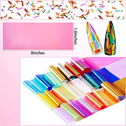 100 Pieces Iridescent Nail Art Glass Paper Cellophane Holographic Diy Mixed Colors Broken Glass Paper Reflective Mirror Foils Nail Art Stickers Dichroic Film Designs #TOP1