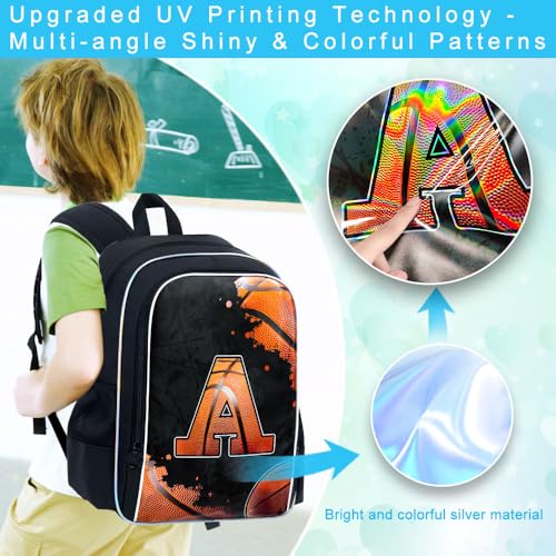 Image of gxtvo 3PCS Boys Basketball School Backpack, 17 inch Kids Letter Bookbag with Lunch Box, Water Resistant Middle Elementary School Bag - Basketball A