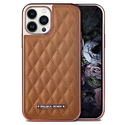 Image of PULOKA iPhone 13 Pro Max Leather Cover Electroplated Back Case Royal Diamond Specially Designed Cover for Apple iPhone 13 PRO Max 6.7 inchinch - Brown