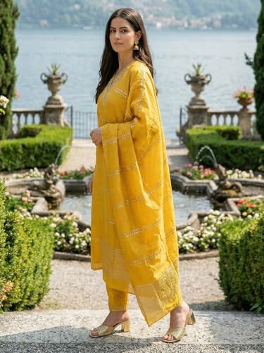 Image of INDO ERA Women's Silk Blend Embroidered Thread Work Kurta & Pant with Dupatta Set | Suit Set For Women