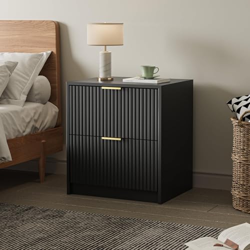 Image of MAISONARIA Fluted Nightstands Set of 2 with 2 Drawers, 19.6 inch Modern Storage Bedside Table with Golden Metal Handles, Wooden End Table for Bedroom, Black