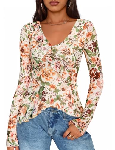 ZESICA Women's Long Sleeve Floral Shirts V Neck Going Out Ruffle Tops Blouses 2026 Spring Fashion Clothes Outfits Apricot X-Large