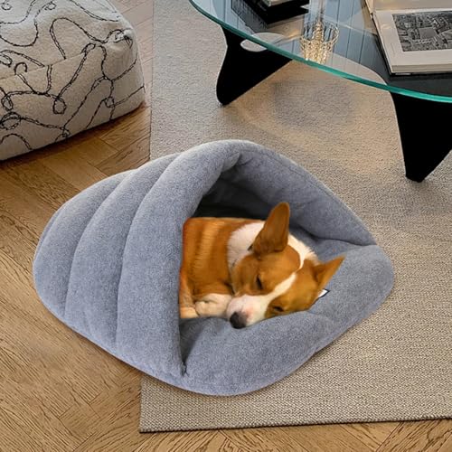 Hundebett mit Kapuze, Katze Schlafsack, Winterthermalsbett mit Kapuze, halb bedeckte Hundekatze Höhle, Welpenhöhlenbett, faltbares gemütliches Haustierbett für Katze, Hund, L.