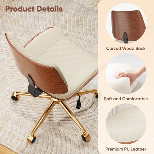 Image of Armless Office Chair with Back, Mid Century Modern Small Desk Chair, No Arms Leather Computer Chair for Home Office, Swivel Vanity Chair, Rolling, Adjustable Height (Ivory)