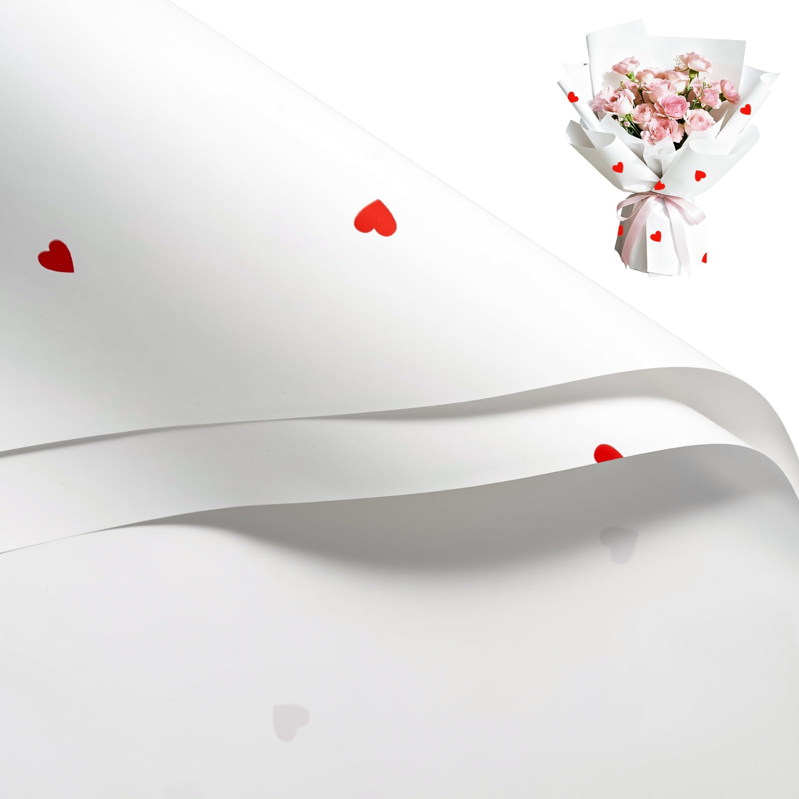 RUSPEPA 20 Sheets Flower Wrapping Paper - 57x57 cm White and Red Heart Pattern Water-Resistant Floral Bouquet Wrapping Paper, Florist Supplies Packaging for Valentine's Day Wedding