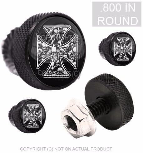 4 Vivid Black Billet Knurled License Plate Frame Fastener Tag Bolts Skull Cross Style-9856-5898