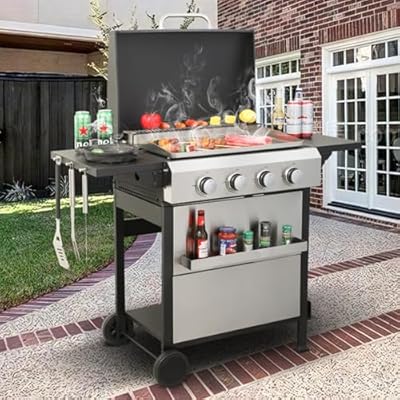 4 Burners Gas Grill with Side Burner, Propane Grill with Wheels and Storage, Outdoor Gas BBQ with Oil Tray and Thermometer for Patio and Party, 34200BTU