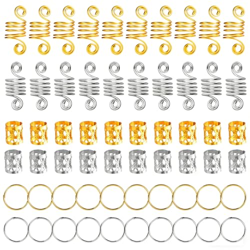 60 Piezas Accesorios de Pelo de Metal en Estilos Variados - Anillos de Puño, Cuentas en Espiral, Botones Dreadlock, Decoraciones de Trenzas, Horquillas para Extensión de Pelo (Oro y Plata) miniatura 1