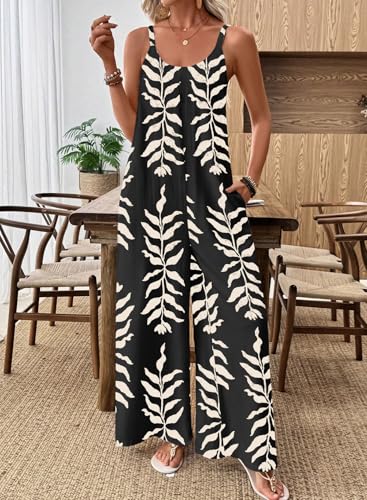 BLENCOT Women's Boho Floral Print Jumpsuit Spaghetti Straps Wide Leg Long Pants Rompers Summer Beach Overalls with Pockets Black M