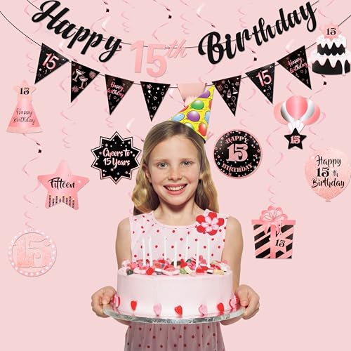Image of 15th Birthday Decorations for Girls Rose Gold Pink Pre Strung Happy 15th Birthday Banner and Hanging Swirls 15 Year Old Party Decorations Supplies