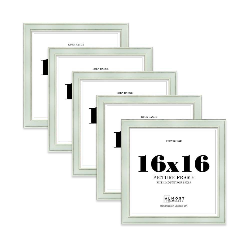 16x16" Sage Green Square Picture Frame with 15x15" Mount - Shabby Chic Photo Frame with Distressed Finish, Gold Trim, Wall Hooks, 37mm Edge - 5 Pack