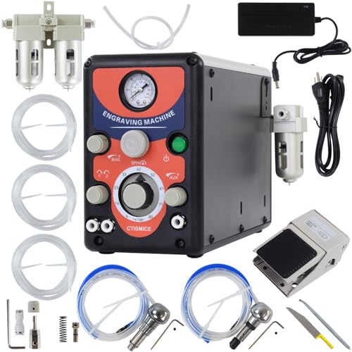 CTISMICE Pneumatic Engraving Machine, 400-8000RPM Adjustable Impact Engraver Tool, Double Head Engraver Set with Pneumatic Foot Pedal, Engraving Handpieces, Air Filter for Jewelry, Metal Carving Work