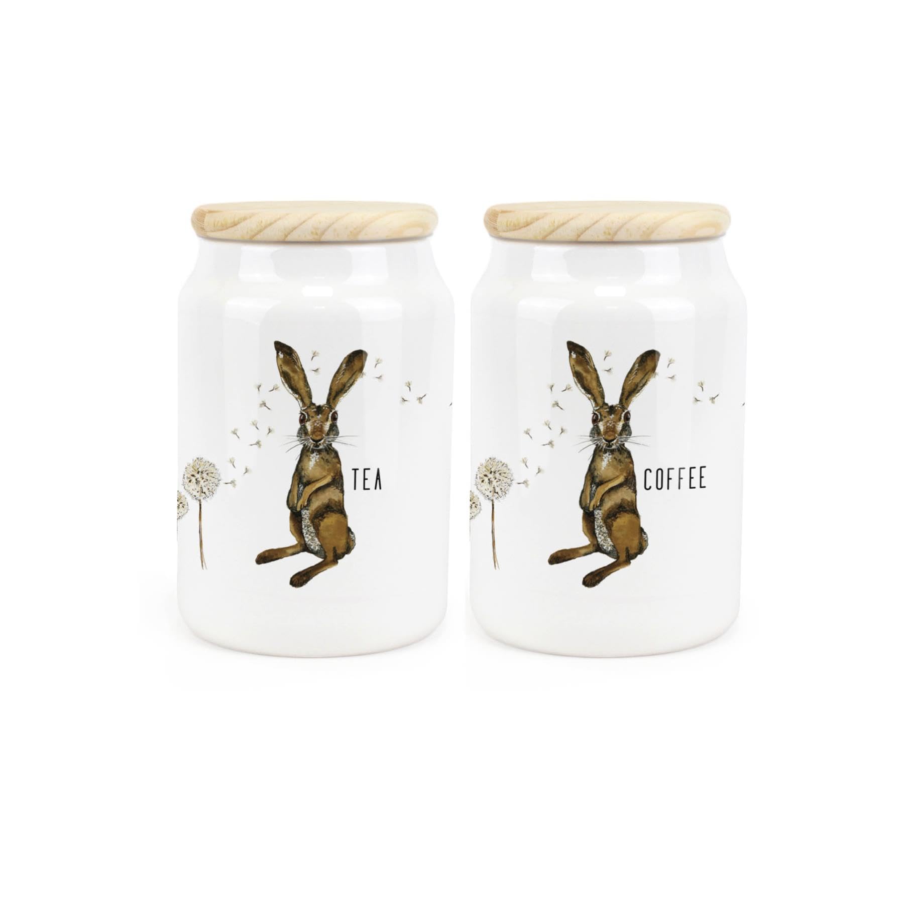 Purely Home Hares & Dandelions Ceramic Tea & Coffee Storage Canisters - Rhiannon Chauncey Floral Hares Artwork Kitchen Food Storage Containers & Wooden Lid 600ml (14.5cm x 9.5cm) - Set of 2