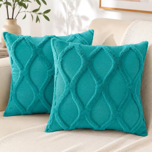 decorUhome Fall Faux Fur Turquoise Throw Pillow Covers 16x16 Set of 2