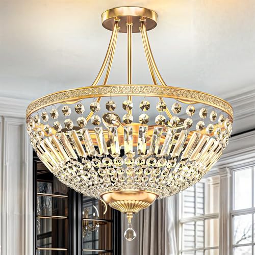 DWVO Crystal Gold Ceiling Light, 20in Modern Vintage Crystal Chandelier, 5-Light Semi Chandelier Close to Ceiling Light Fixture for Living Room Kitchen Entryway Bedroom Dining Room - E12 Base