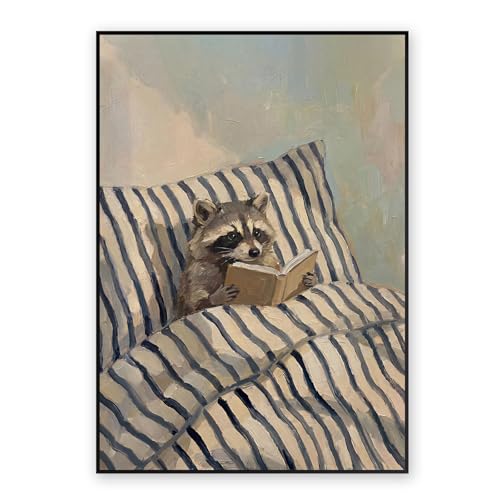 Illustration confortable de raton laveur au lit, affiche poétique pour intérieur chaleureux