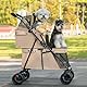 Faltbarer Hundewagen 2 Etagen, Haustiere Buggy Kann 24 kg Tragen, Hundebuggy mit Netzfenstern Sicherheitsgurt 4 Räder, Faltbar klappbar Katzenbuggy für 2 Kleine Hunde Katzen (Braun)