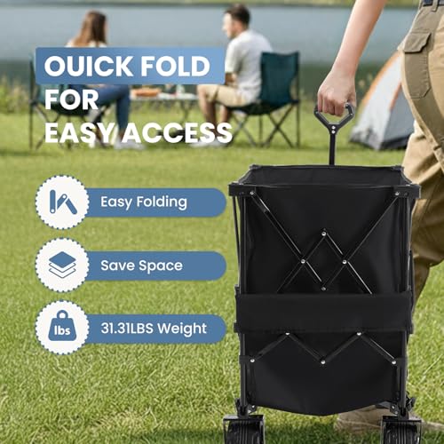 Image of DUMOS 440LBS Heavy Duty Double Decker Wagon with 51IN Extender, 400L Large Capacity Collapsible Garden Cart, All-Terrain 7IN Wheels with Brakes, Foldable Utility Wagon for Shopping, Camping, Black
