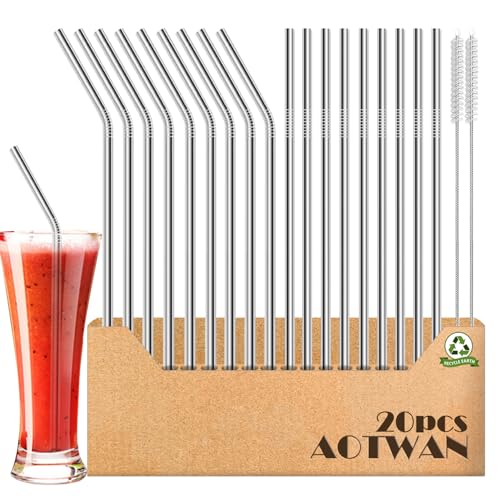 AOTWAN Strohhalme Edelstahl 304 Trinkhalme Edelstahl 20 Stück Enthalten 9 Gerade +9 Gebogen +2 Reinigungsbürsten Metall Strohhalm Wiederverwendbar für Cocktails,Smoothie und Säfte