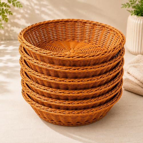Image of Round Roti Basket Set of 6 |Bread Basket |Woven Plastic Serving Baskets for Snacks, Chapati, Bakery Items & More | Durable & Easy-to-Clean for Home, Cafe & Restaurant Use, Brown