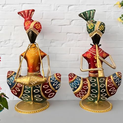 Image of Sitting Sardar Set of 2 Golden Handcrafted Rajasthani Musician Figurines, Traditional Metal Table Decor Showpiece for Office Desk, Corporate Bulk Gifting (2x10x16 cm)