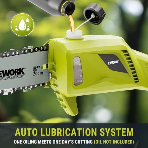 Image of EWORK 20V 8-Inch Cordless Pole Saws for Ton Up to 14.2-Ft, Lightweight Only 6.5 Lbs, Auto Oiling Electric Pole Saw Battery Powered with Battery and Charger
