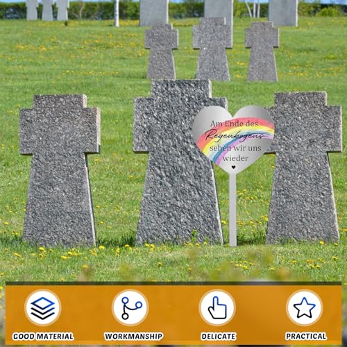 Grabstecker Wetterfest Herz Edelstahl Grabstecker, Grabdekoration Wetterfest Grabschmuck mit Gravur Am Ende des Regenbogens Sehen Wir Uns Wieder, Grab Deko zum Erinnerung Andenken Dekoherz Traue