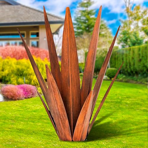 Image of KODIBO 24 inch Metal Agave Plant Outdoor Decor, Large Garden Sculpture, Rusty