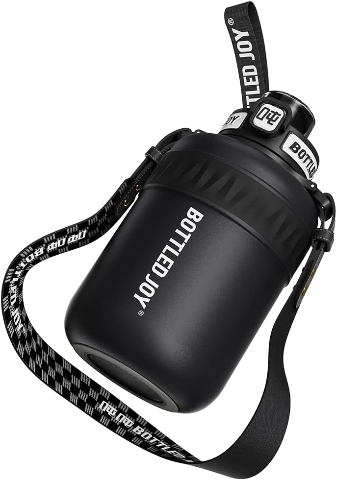 Insulated Stainless Steel Water Bottle for Sports and Travel, BPA-Free,Bottled joy with strap (black, 32 oz)