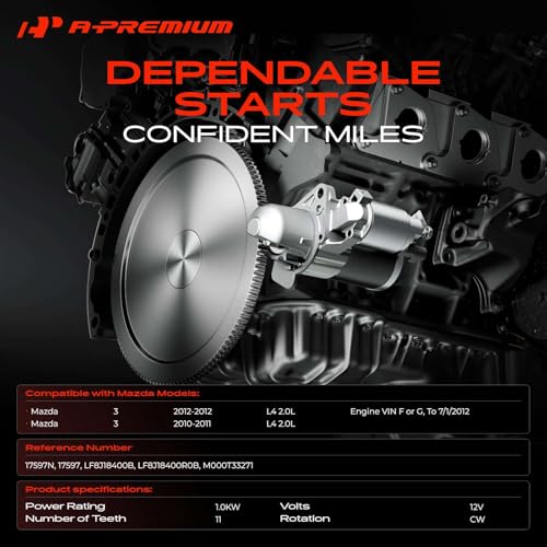 A-Premium Starter Motor Compatible with Mazda 3 2010 2011 2012 2.0L, 12V 1.0KW 11-Teeth Clockwise, Replace# LF8J18400R0B, M000T33271 by A-premium - Image 2