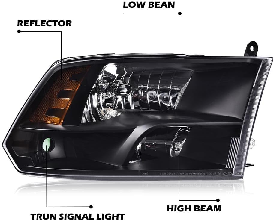 PIT66 Headlight Assembly Compatible with 2009-2012 Dodge Ram 1500 2500 3500 (Only for Quad Models) Clear Lens Chrome Housing Amber Reflector Headlamps(Not Fit Dual Beam, Not Fit One Hole)
