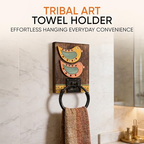 Image of Aakriti Art Creations Modern Art Wooden Towel Holder | Handcrafted Wooden | Matte Finish Multicolor Wall Mounted Towel Holder for Bath & Wash Area