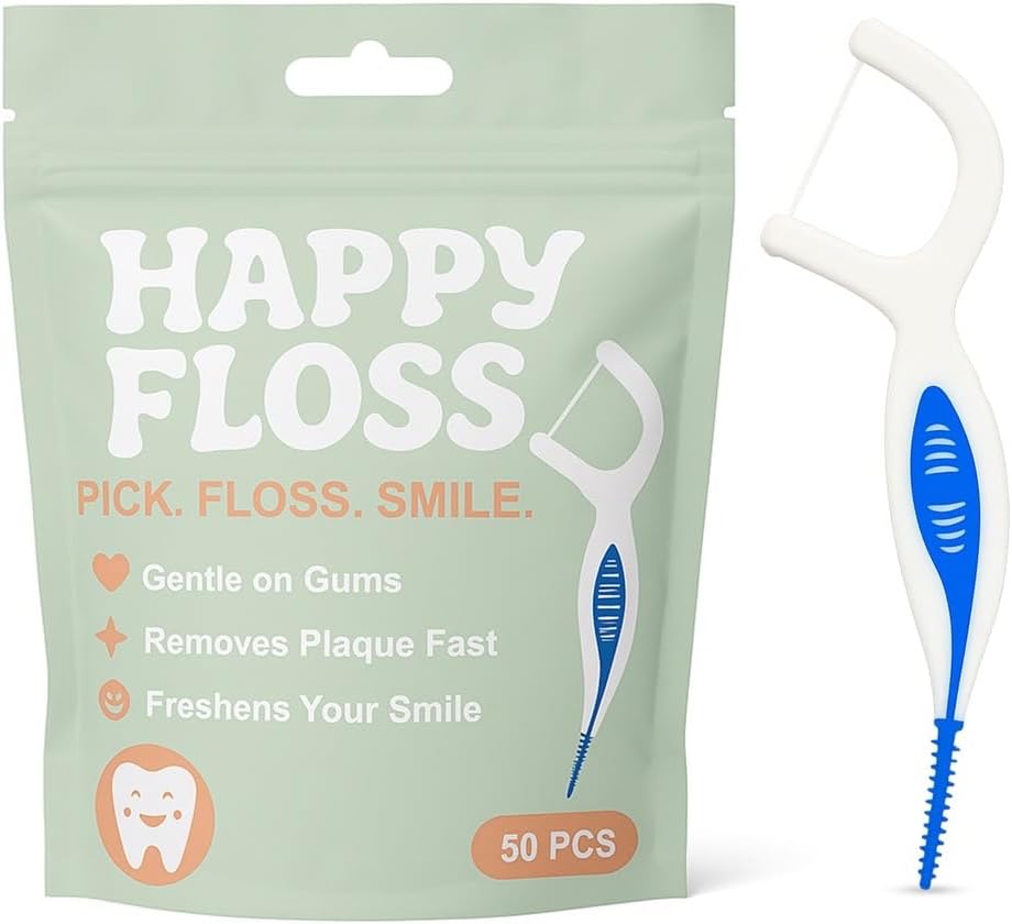 Dental Floss Picks 2-in-1, Soft Interdental Pick, Unflavored Floss Picks for Sensitive Gums, BPA-Free Tooth Flossers, Plaque Remover, 50 Count – Happy Floss