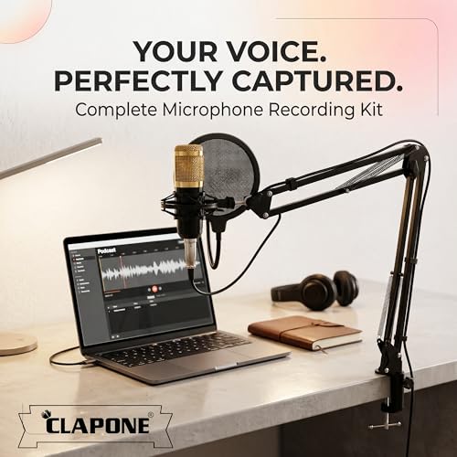 Image of CLAPONE Professional Condenser Microphone Kit with Boom Arm Stand, Pop Filter, Shock Mount, XLR Cable - Studio Recording Mic for YouTube, Podcast, Streaming, Voice Over