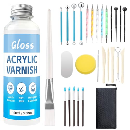 Blomise 29PCS Air Dry Clay Glaze with Sculpting Tools Kit, Gloss Air Dry Varnish for Luster, Scratch, Resistant, Waterproof, Clay Sculpting Tools for Sculpting,Shaping(Gloss)