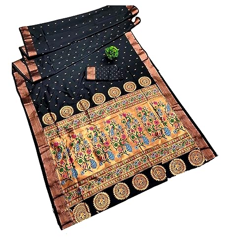 Jolly Women`s Paithani Silk Saree With Traditional Woven Minakari Copper Zari with Blouse Piece -Black
