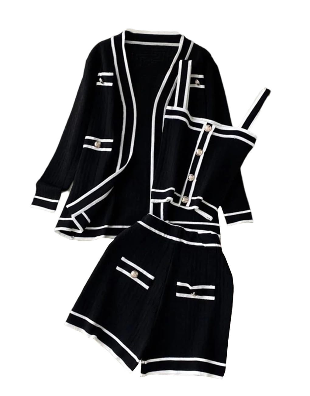 Womens Knitted 3 Piece Suit Long Sleeve Cardigan With Spaghetti Strap Top And High Waist Elastic Shorts