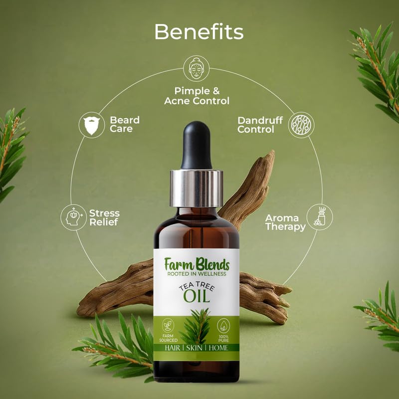 Image of Farm Blends Tea Tree Essential Oil 100% Undiluted Pure | Anti Dandruff, Anti Acne, Beard Care, Anti-Blemish, Boosts Energy, Diffuser | Farm To Home | Natural Australian | Melaleuca alternifolia|15ML + 15ML (Pack of 2)