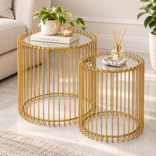 spot on dealz® Nesting Tables Set of 2 Round End Tables Living Room Wire Coffee Table Cage Gold Bedside Glass Mirrored Top Caged Side Free standing Indoor Furniture