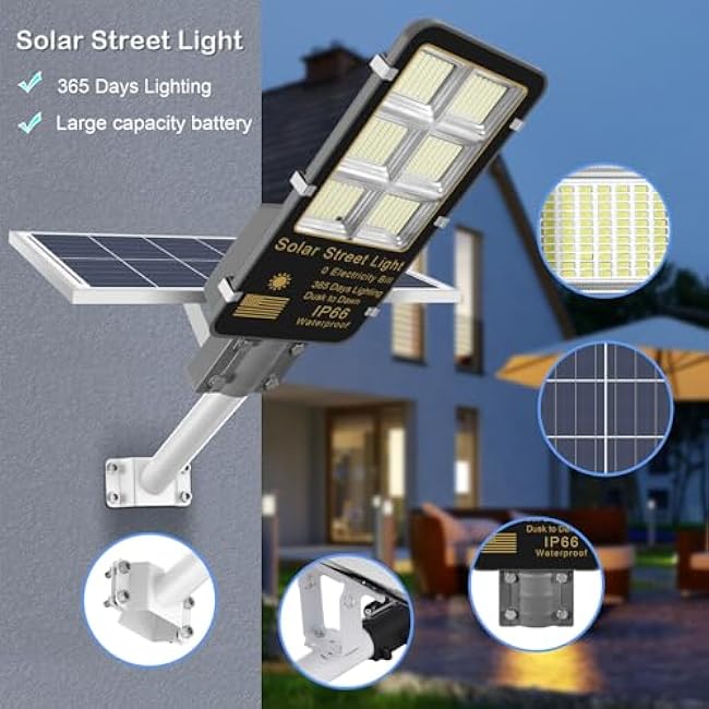 8000W Solar Street Light, 6500K Light Sensor Solar Lights for Outside, IP66 Waterproof Dusk to Dawn Solar Security Flood Lights Outdoor for Yard Garden Path Parking Lot