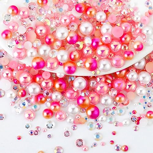 Towenm 60g Mix Pearls and Rhinestones for Crafts, Flatback Rhinestones and Pearls for Tumblers Shoes Nails Face Art, Mixed Sizes 2mm-10mm, Pinks|White