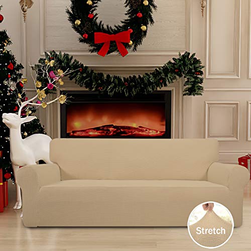 Image of Easy-Going Stretch Oversized Sofa Slipcover 1-Piece Sofa Cover Furniture Protector Couch Soft with Elastic Bottom for Kids, Polyester Spandex Jacquard Fabric Small Checks Sand