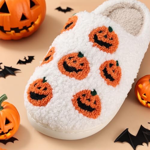 Halloween Slippers for Women Men Spooky Pumpkin Ghost Fuzzy Plush Warm Cozy Slippers Indoor Outdoor House Shoes2