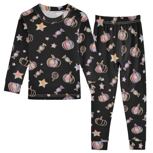Fustylead Holographic Pumpkin Star and Candy Pajamas Cotton Sleepover PJ Set Long Sleeve Lounge Wear