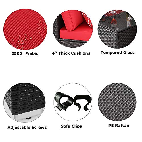 Do4U Patio Sofa 7-Piece Set Outdoor Furniture Sectional All-Weather Wicker Rattan Sofa Seat & Back Cushions, Garden Lawn Pool Backyard Outdoor Sofa Wicker Conversation Set (Red)