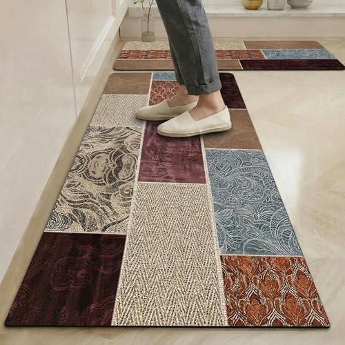 Image of Yellow Weaves- Non-Slip Kitchen Floor Mats, Water Absorbent, Rugs,Standing Rubber Mats for Kitchen, Office, Sink and Laundry Room, Multi Patchwork (Pack of 2)