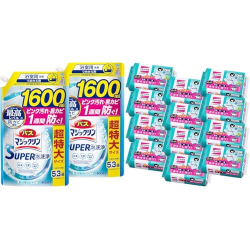 マジックリン 花王 掃除セット バス SUPER泡洗浄 お風呂 洗剤 詰め替え 1600ml×2個 + トイレクイックル 詰め替え ミント 20枚 × 12個 トイレ掃除 トイレクリーナー