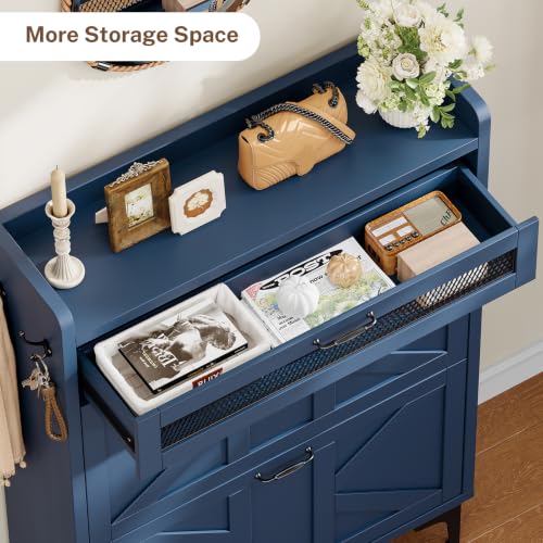 Image of TEENFON Shoe Cabinet with 2 Flip Drawers & Top Drawer, Farmhouse Narrow Shoe Storage Cabinet with Adjustable Shelves & Hooks, Freestanding Hidden Slim Shoe Rack Cabinet for Entryway, Hallway, Blue