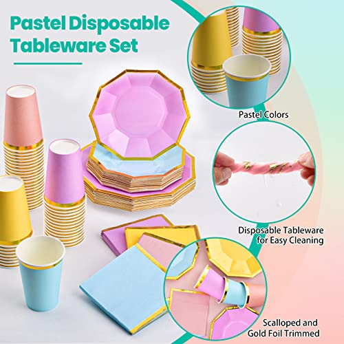 244 Pieces Pastel Party Decoration Tableware Set Pastel Disposable Napkins Paper Plates And Cups Dinnerware With Gold Foil Trim For Baby Shower Wedding Pastel Birthday Party Supplies, Serves 48 #TOP3